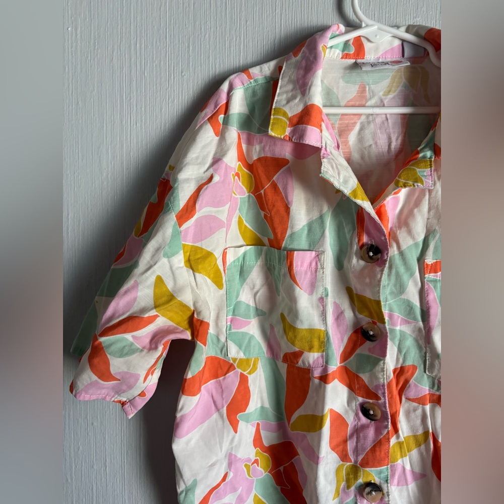 Girls Colorful Leaf Print Button-Up Shirt and Shorts Set - Picture 2 of 7